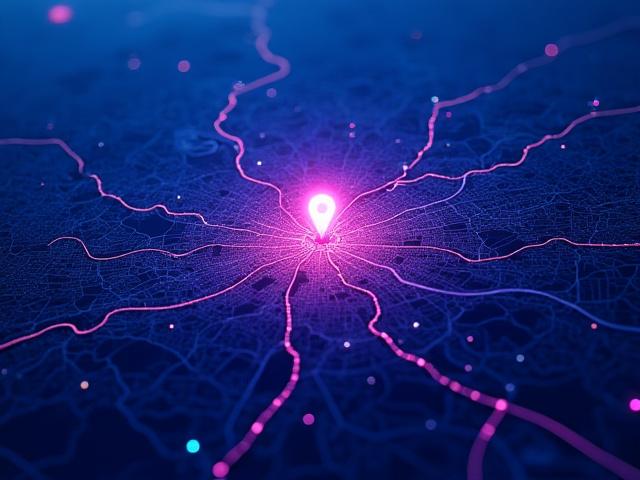 Abstrakte Satellitenkarte von Graz, Österreich, mit einem leuchtenden Punkt, der auf unsere Adresse zeigt.