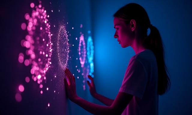 Person, die eine interaktive musikalische Installation mit Licht und Sensoren bedient