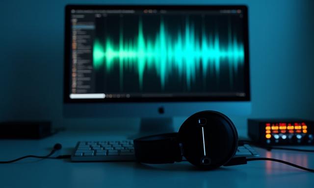 Soundwellen-Editor auf einem Bildschirm mit Kopfhörern und einer Soundkarte